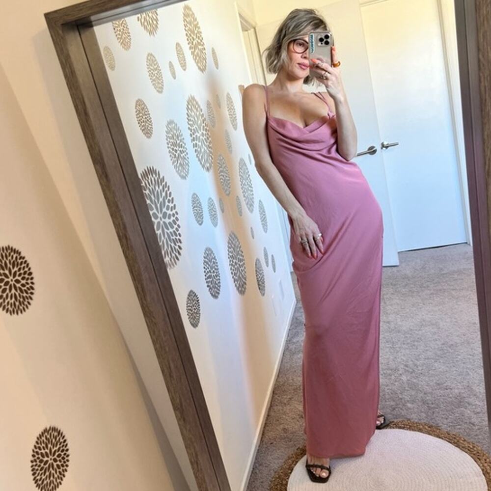 Michael Costello Braxton Dress Rose‎ Pink Maxi Gown Satin Side Slit Sz S